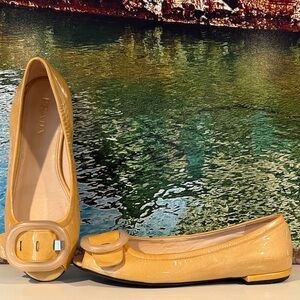 PRADA patent leather peep toe Bakelite ballet flats rare butter yellow color 36